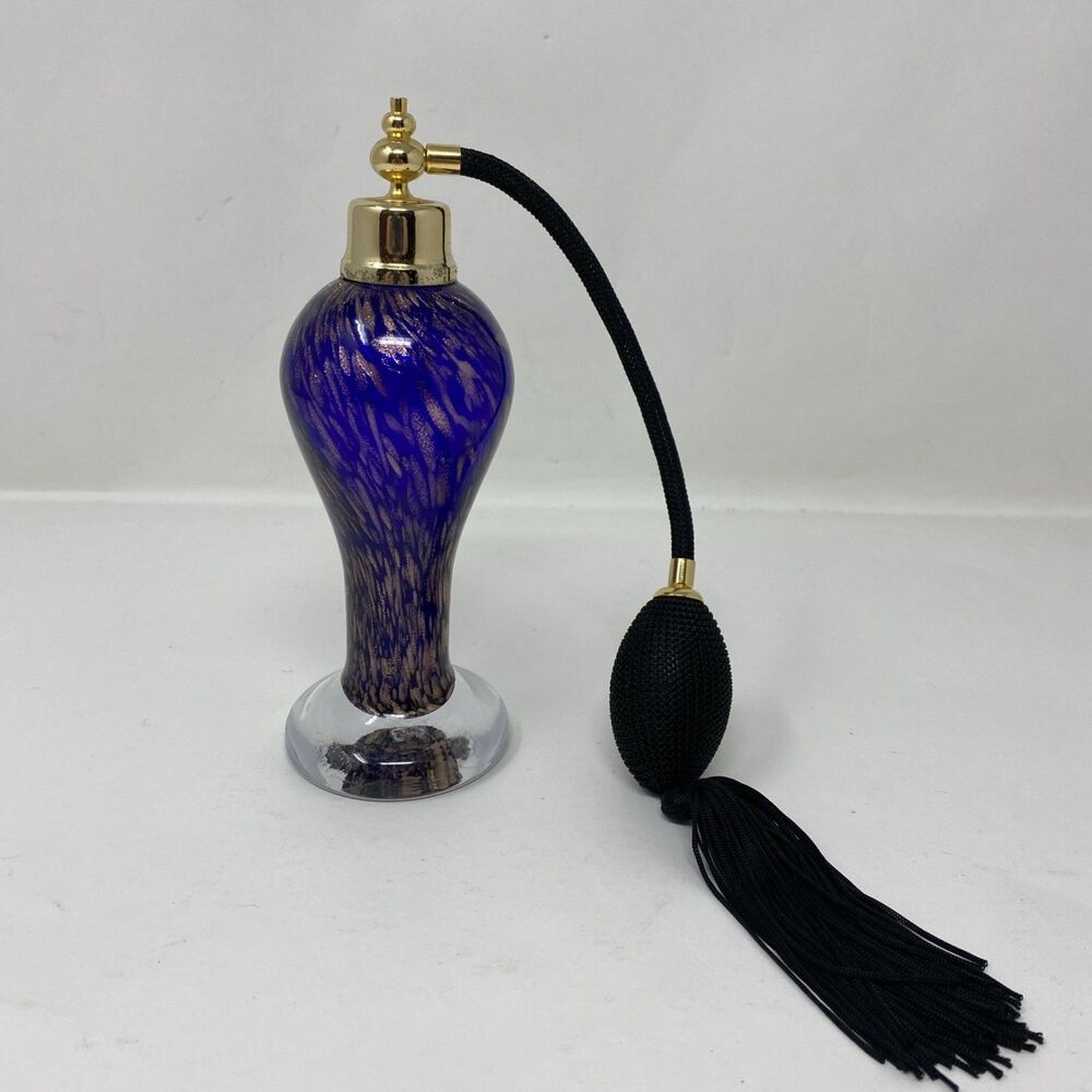 Irving W. Rice Import Glass Perfume Bottle With Atomizer Cobalt Blue 7"